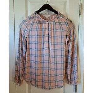 Loft Women's Shirt Pink Plaid Long Sleeve Buttons Curved Hem Blouse Top Size S